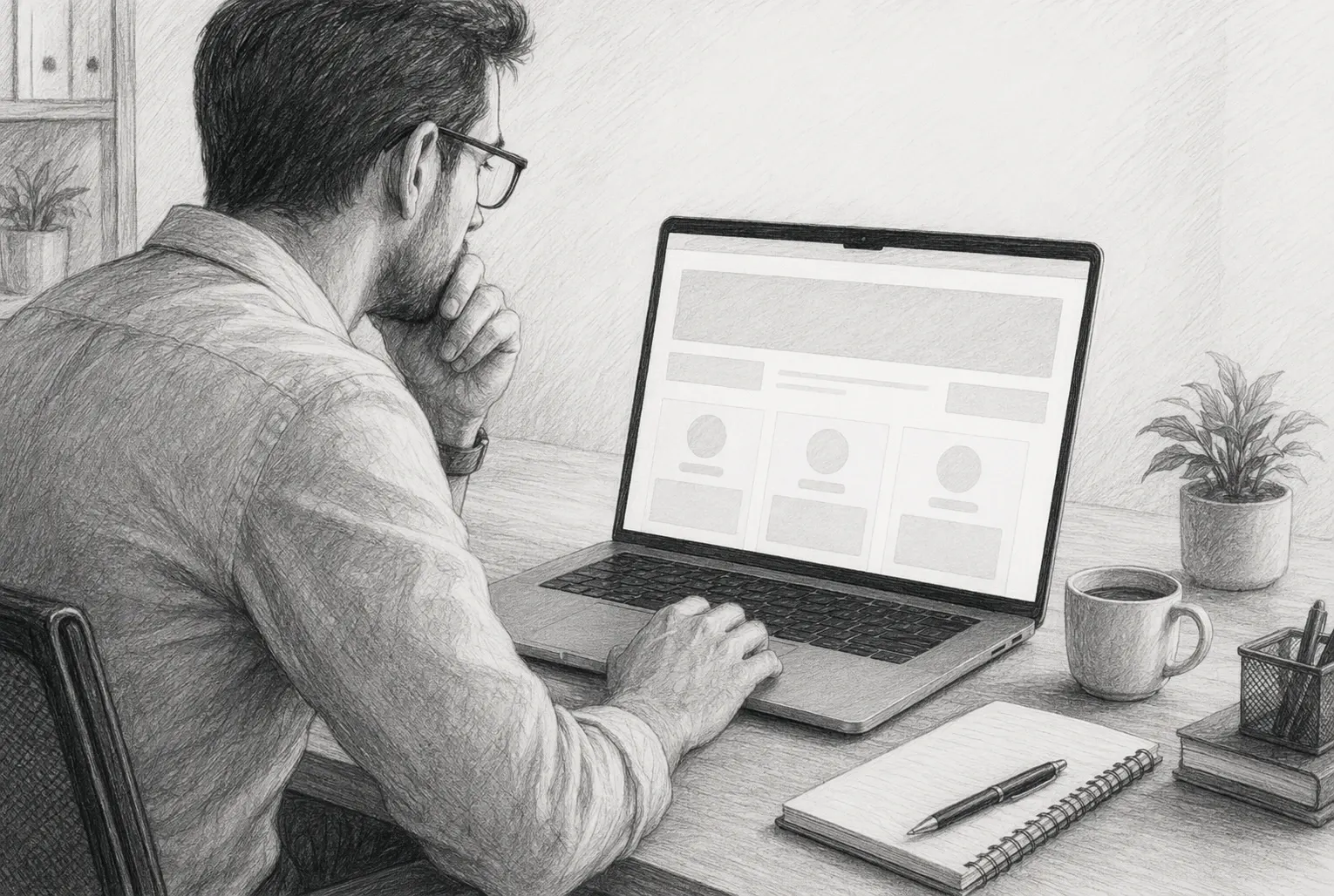 Buyer examining anonymous SaaS website on laptop