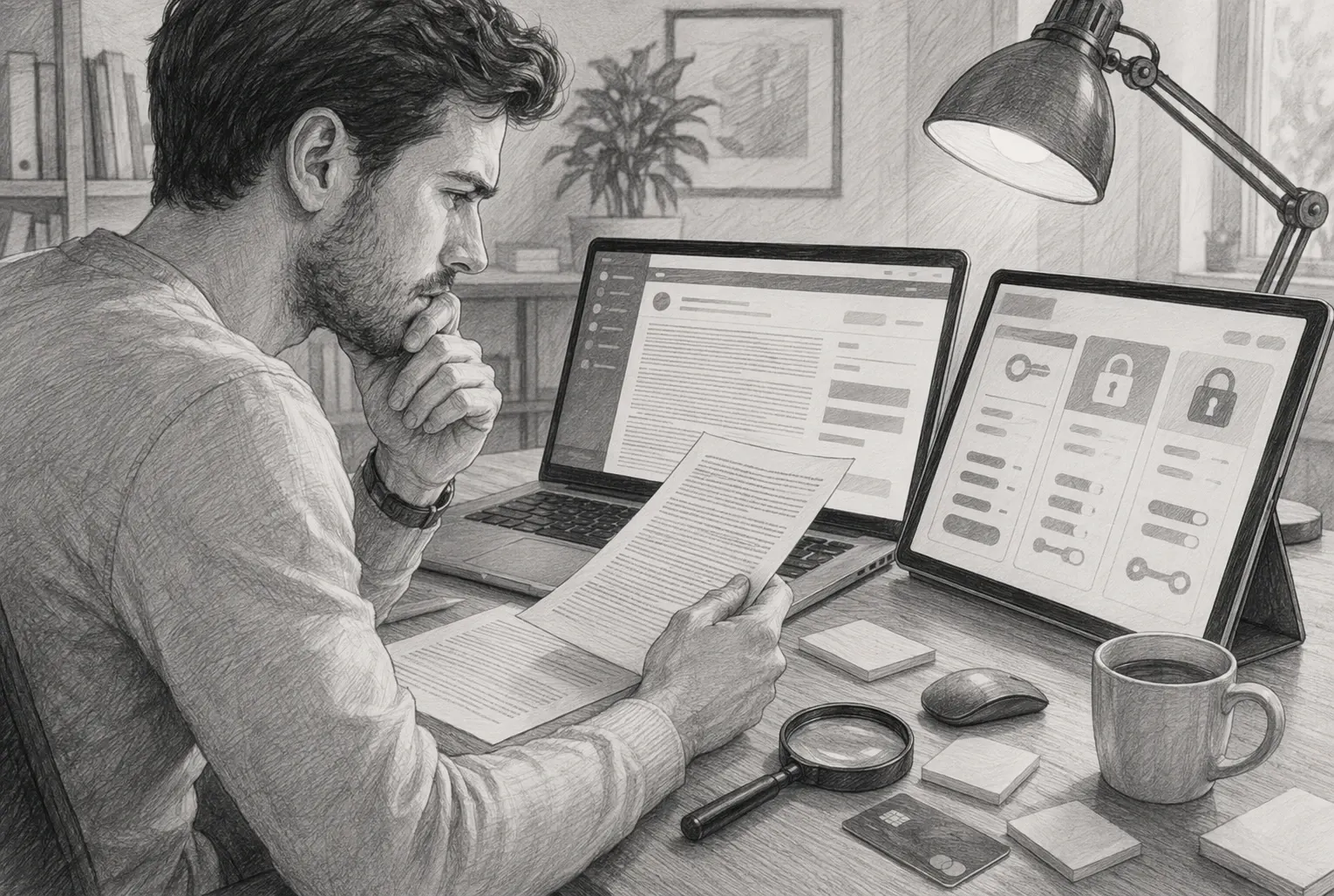 Buyer comparing refund policy details at desk