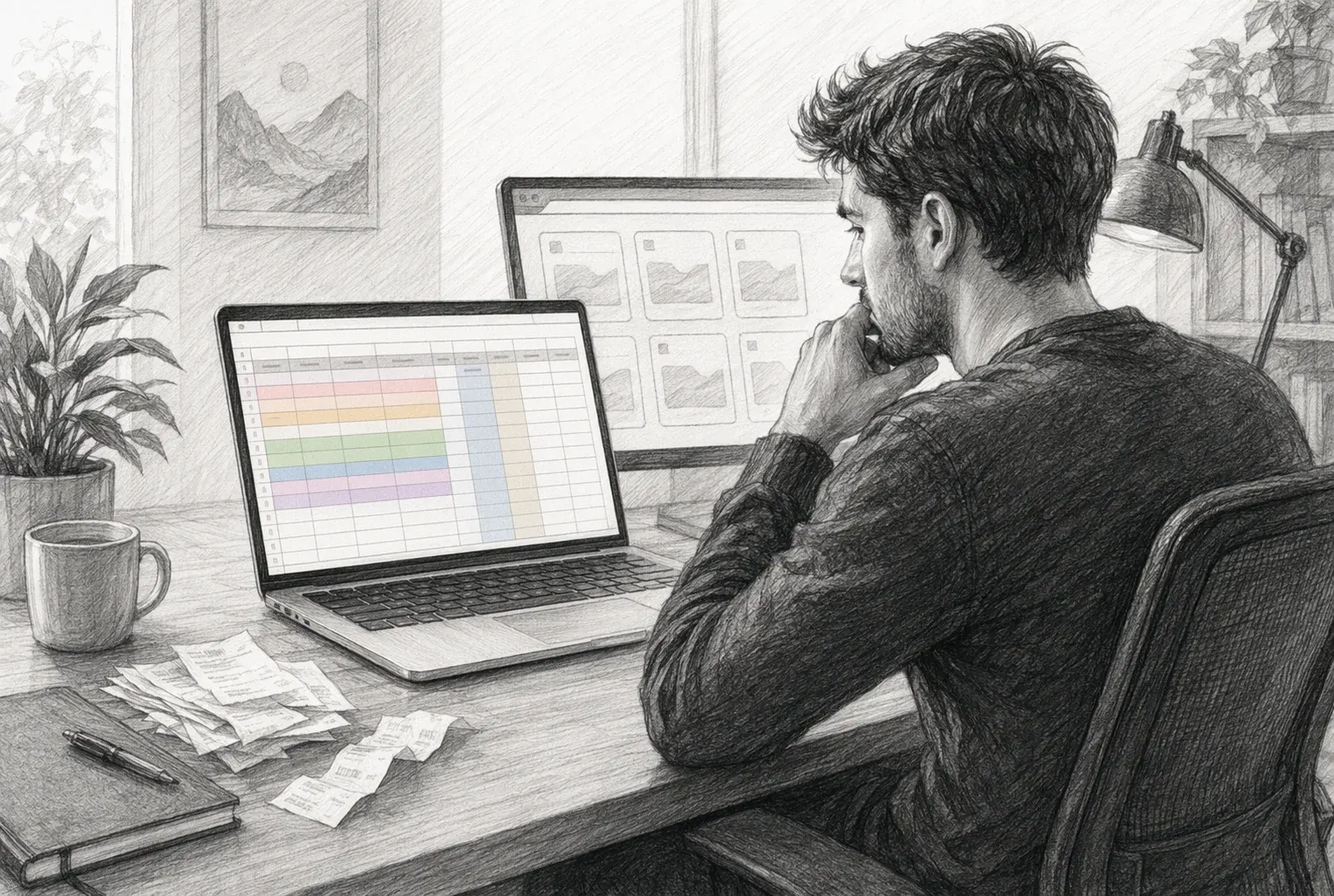 Solo founder reviewing organized spreadsheet with receipts and SaaS tabs