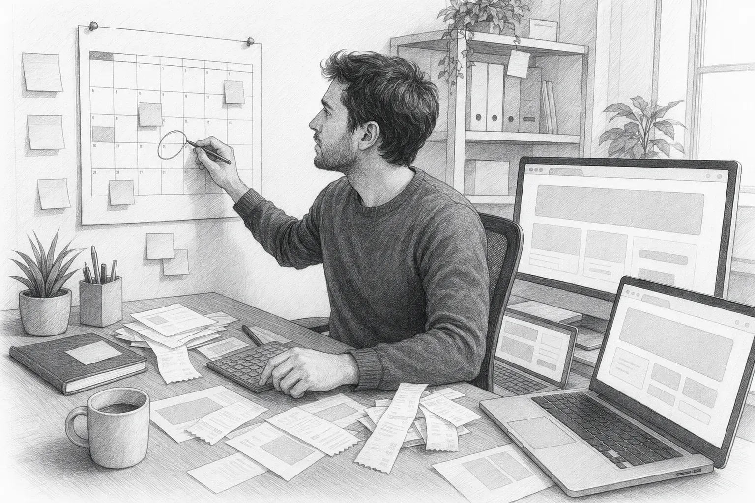 Founder reviewing calendar with SaaS receipts and trial tabs