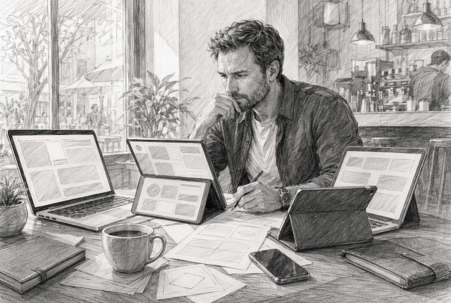 Agency owner reviewing deal tabs at coffee shop