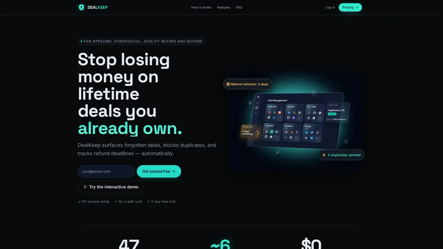 DealKeep homepage — "Stop losing money on lifetime deals you already own" beside a dashboard preview showing a 3-day refund-window alert and 2 duplicates spotted