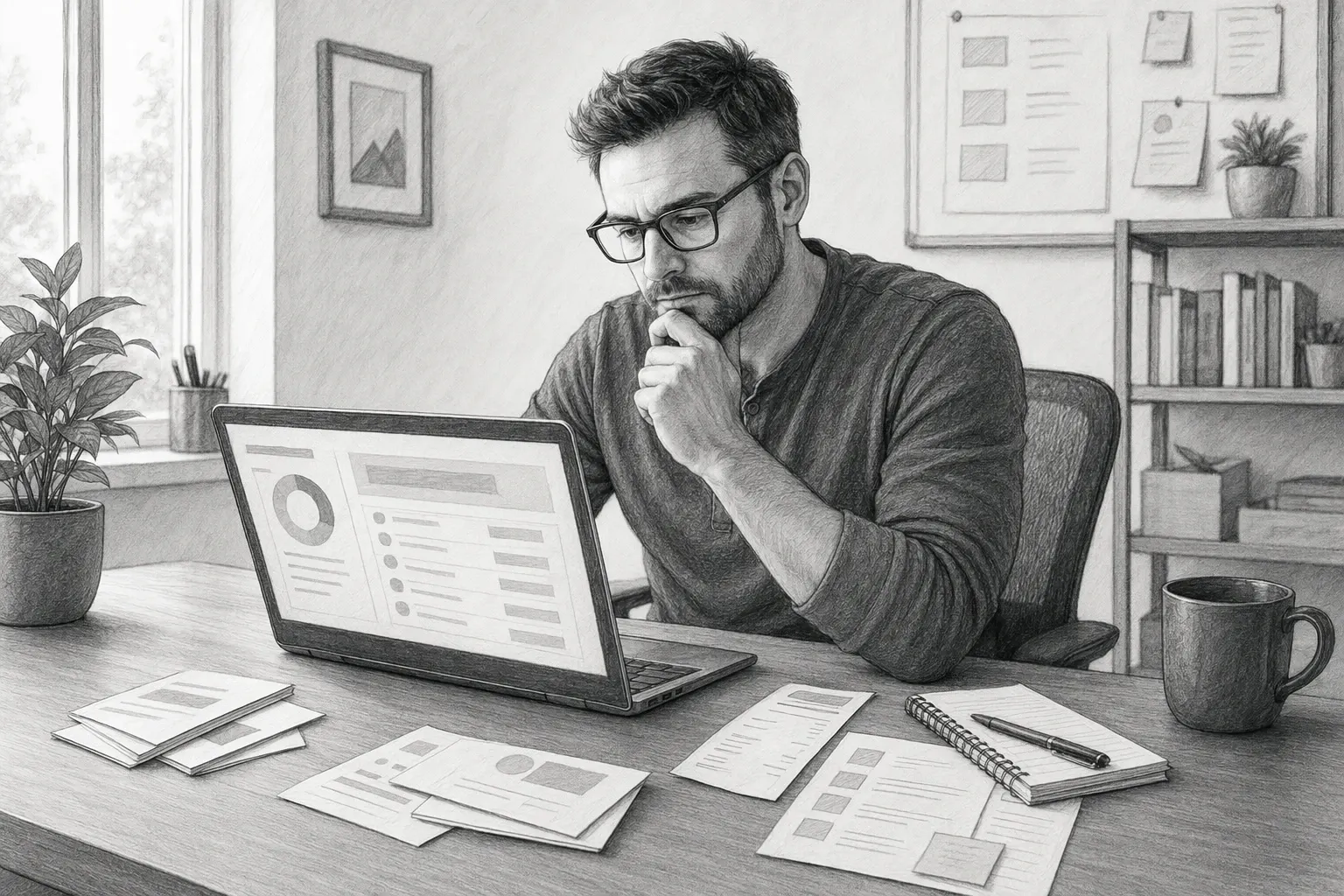 Solo founder reviewing laptop and handwritten notes on LTD management
