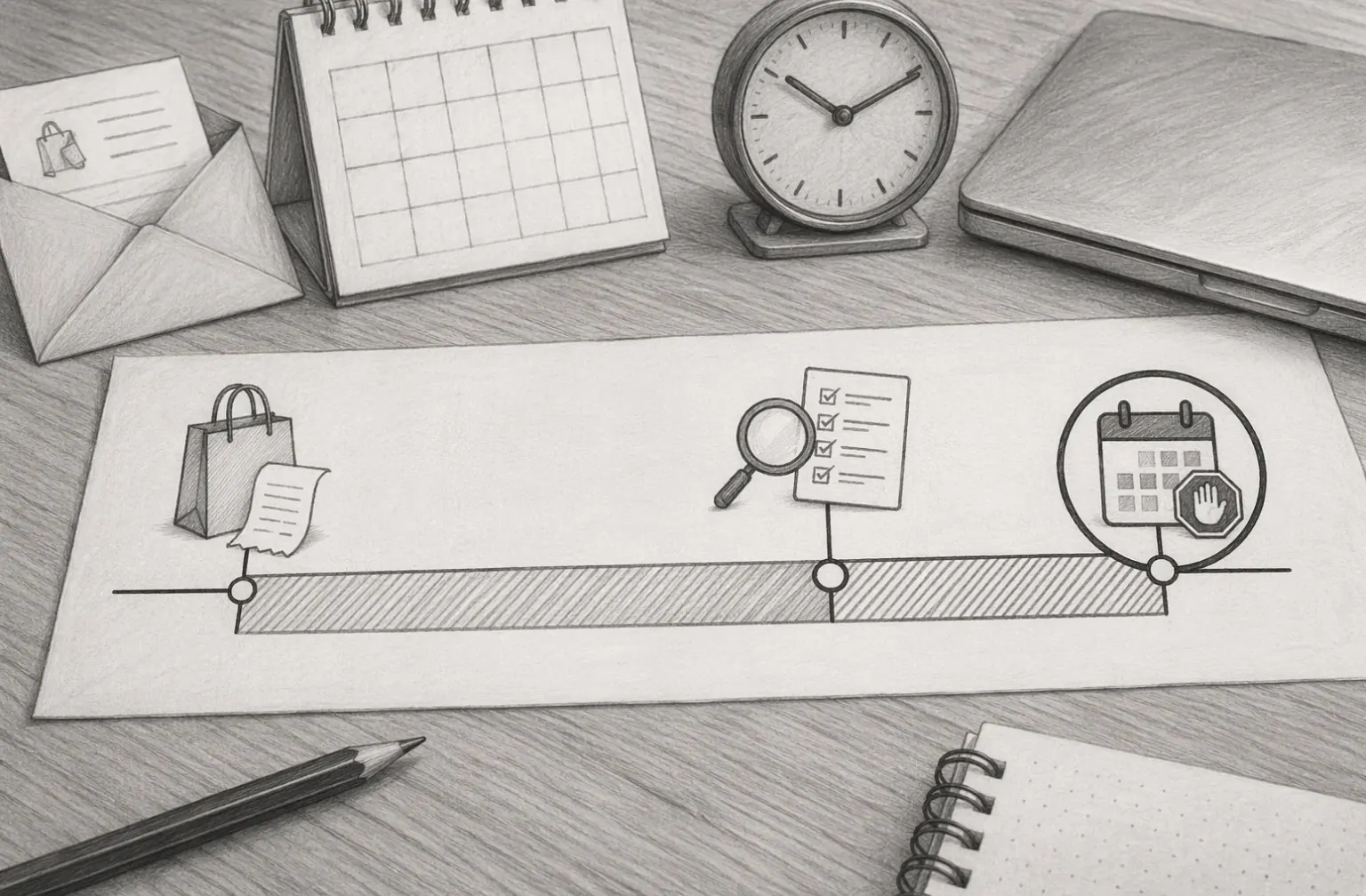 Pencil sketch of timeline with purchase and review marks