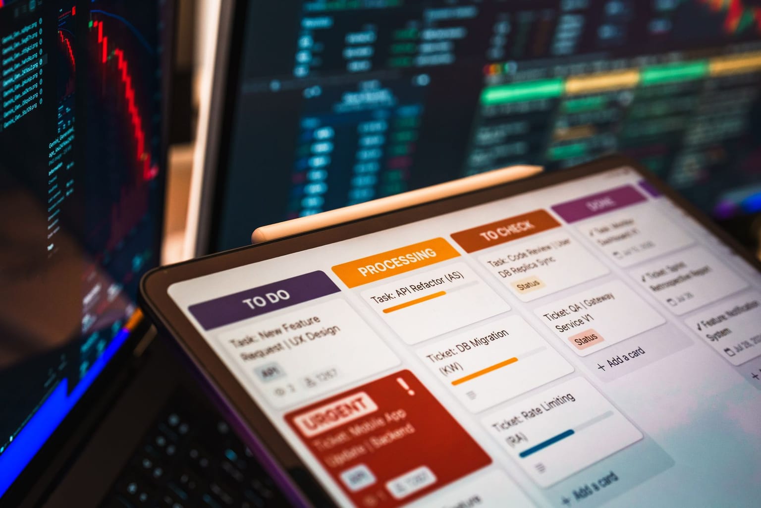 A tablet displays a digital Kanban board with “TO DO,” “PROCESSING,” and “TO DOCK” columns in front of computer screens showing colorful financial charts