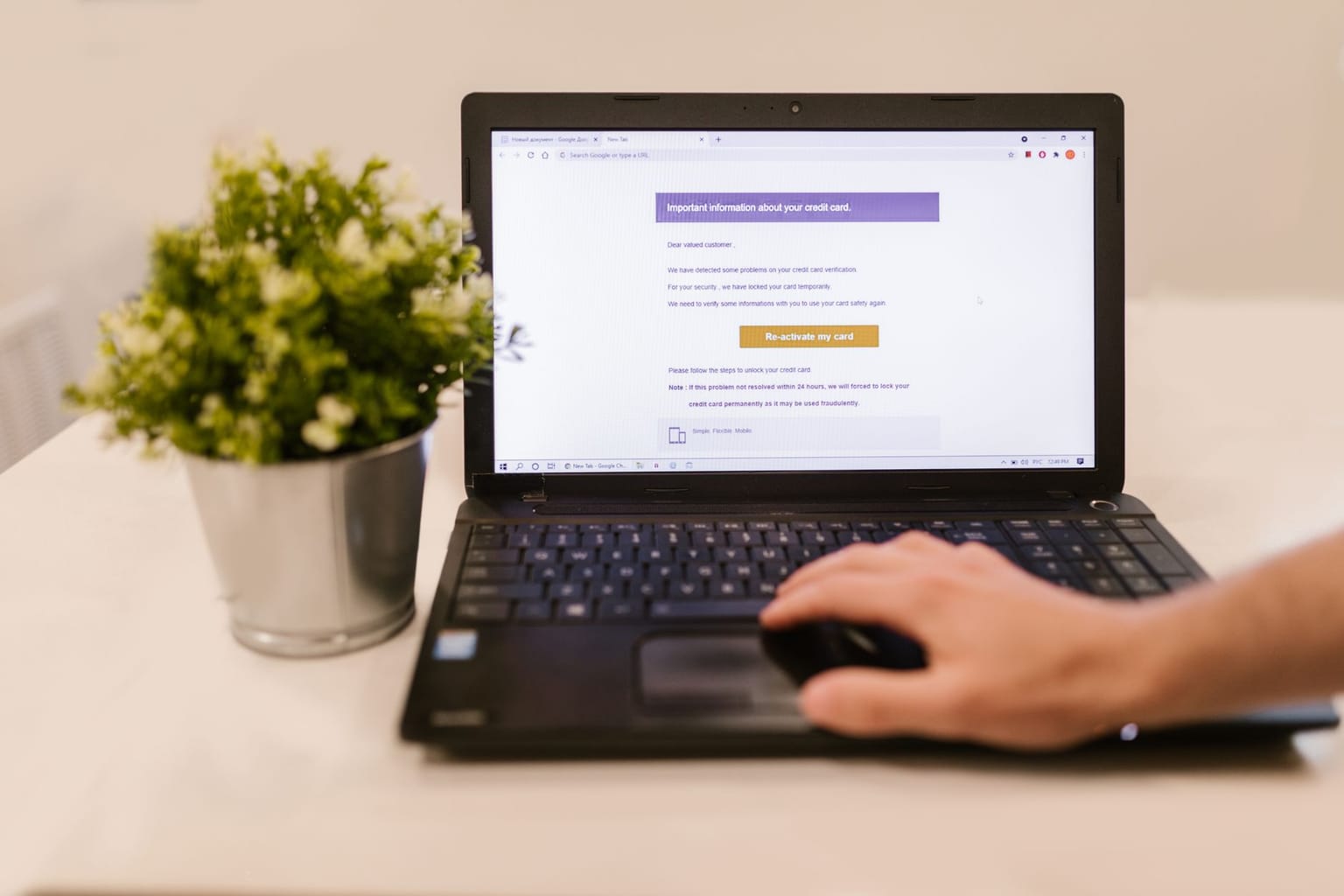 A person’s hand uses a laptop on a white desk next to a potted plant. The laptop screen displays an email marketing message titled "Important information