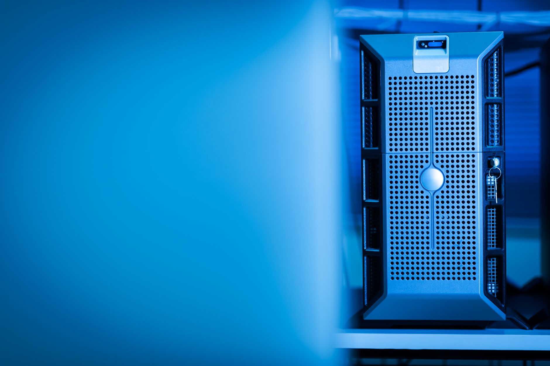A server unit in a blue-lit data centre, the EU infrastructure Koofr stores lifetime plan data on