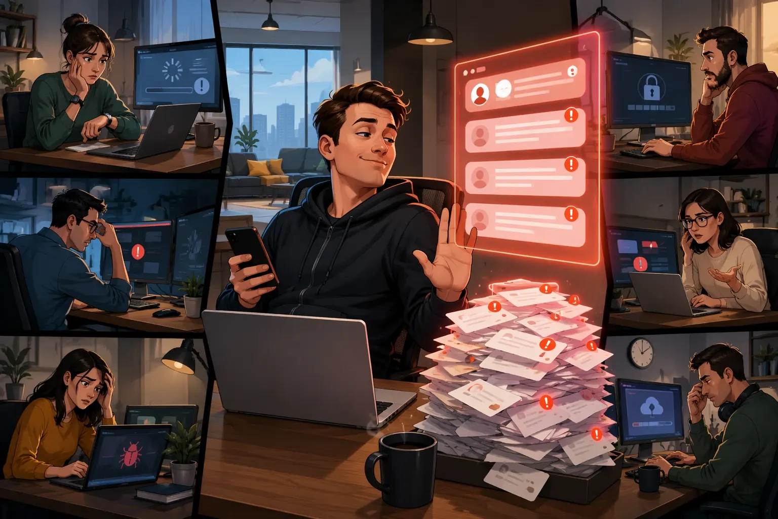 Frustrated founder ignoring support tickets at desk