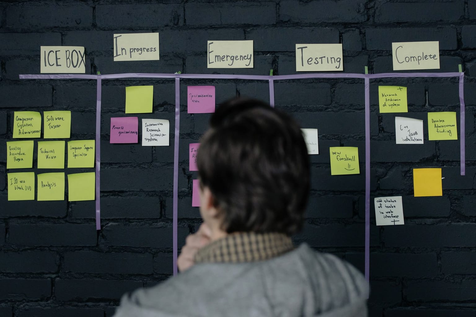 A person looks at a kanban board with columns labeled ICE BOX, In progress, Emergency, Testing, and Complete