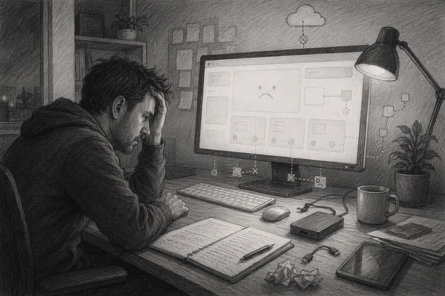 Founder staring at disabled SaaS dashboard in dim home office