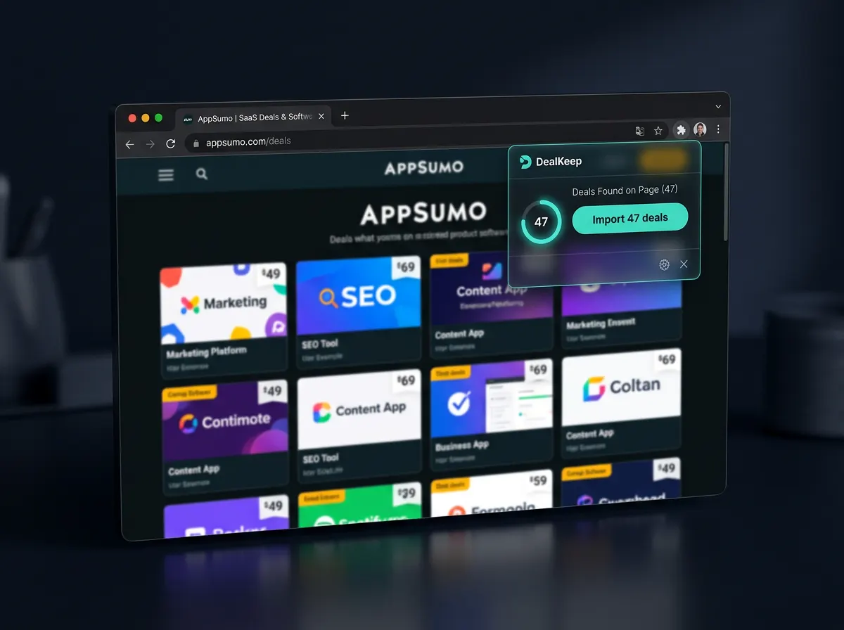 DealKeep Chrome extension importing AppSumo lifetime deal purchases with one click.