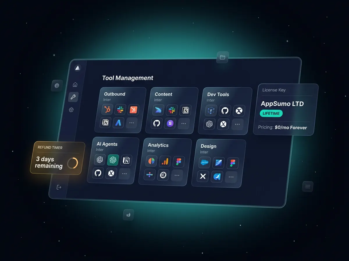 DealKeep dashboard organizing AppSumo, PitchGround, and StackSocial lifetime deal tools by category with refund deadlines visible.